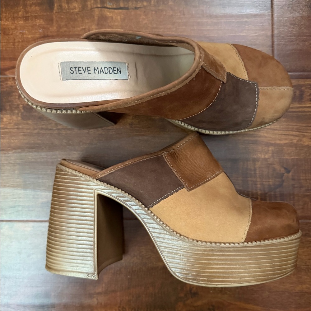 Steve Madden Two-Tone Brown Suede Platform Mules - Picture 7 of 7